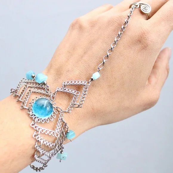 Vintage Silver-tone Bracelet with Turquoise Blue Cabochon - Picture 1 of 4